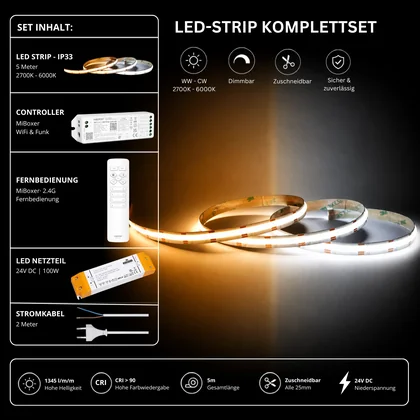 LED Streifen Set CCT IP33 – COB LED Streifen 24V, 16 W/m, 1345 lm/m, 5m, 2700-6000K – SS100 Netzteil, WL5 WiFi Controller & C1 Fernbedienung Weiß