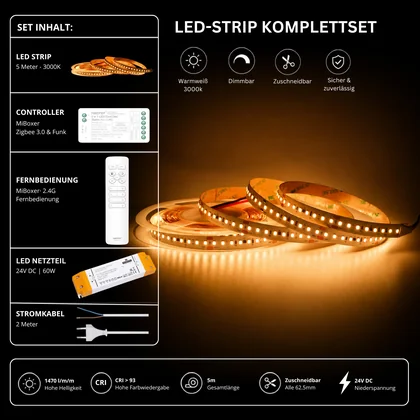 LED Streifen Set Warmweiß 3000K – SMD LED Streifen 24V, 9 W/m, 1500 lm/m, 5m – SS60 Netzteil, SZ2 Zigbee 3.0 Controller & C1 Fernbedienung Weiß