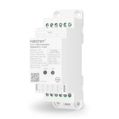 MiBoxer TZ5 Zigbee 3.0 & 2.4G Funk LED Controller für Hutschiene – 5-in-1, einfarbig bis RGBCCT, 12-48 V, 20 A