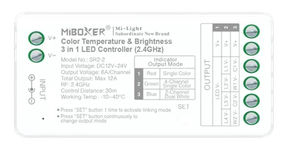 MiBoxer SR2-2 3-in-1 LED Controller – für einfarbige & CCT LED Streifen, 2,4 GHz Funk, 12–24 V, 12 A