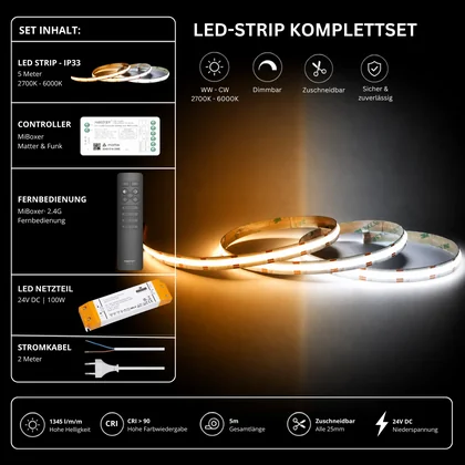 LED Streifen Set CCT IP33 – COB LED Streifen 24V, 16 W/m, 1345 lm/m, 5m, 2700-6000K – SS100 Netzteil, SM2 Matter Controller & C1 Fernbedienung Schwarz