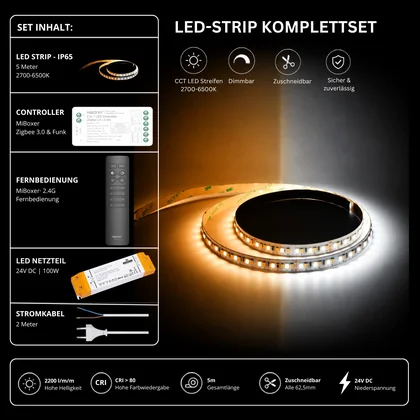 LED Streifen Set CCT IP65 – SMD LED Streifen 24V, 16 W/m, 2200 lm/m, 5m, 2700-6500K – SS100 Netzteil, SZ2 Zigbee 3.0 Controller & C1 Fernbedienung Schwarz