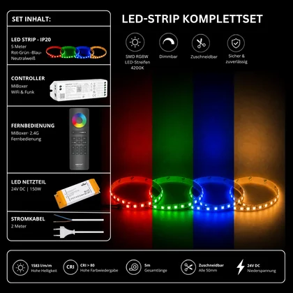 LED Streifen Set RGBW – SMD LED Streifen 24V, 4-in-1, 19,2 W/m, 5m, RGB + Neutralweiß 4200K – SS150 Netzteil, WL5 WiFi Controller & C5 Fernbedienung Schwarz