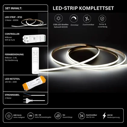LED Streifen Set Einfarbig COB Schmal – 5 mm COB LED Streifen 24V, punktfrei, 7 W/m, 5m, Kaltweiß 6000K, CRI 90 – SS60 Netzteil, WL5 WiFi Controller & C1 Fernbedienung Weiß