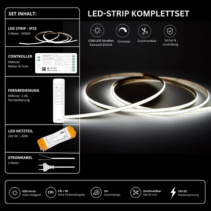 LED Streifen Set Einfarbig COB Schmal – 5 mm COB LED Streifen 24V, punktfrei, 7 W/m, 5m, Kaltweiß 6000K, CRI 90 – SS60 Netzteil, SM2 Matter Controller & C1 Fernbedienung Weiß