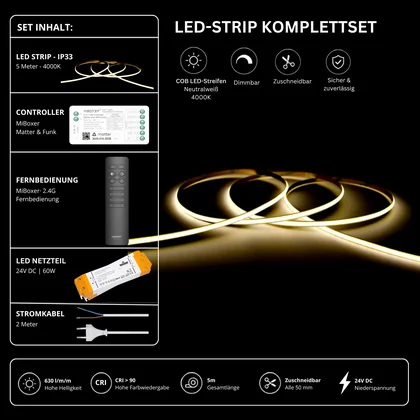 LED Streifen Set Einfarbig COB Schmal – 5 mm COB LED Streifen 24V, punktfrei, 7 W/m, 5m, Neutralweiß 4000K, CRI 90 – SS60 Netzteil, SM2 Matter Controller & C1 Fernbedienung Schwarz