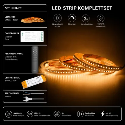 LED Streifen Set Neutralweiß 4000K – SMD LED Streifen 24V, 9 W/m, 1640 lm/m, 5m – SS60 Netzteil, SR2 Funk-Controller & C1 Fernbedienung Schwarz
