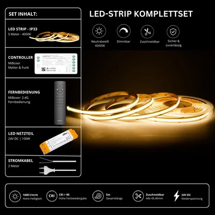 LED Streifen Set Neutralweiß – COB LED Streifen 24V, punktfrei, 14 W/m, 5m, 4000K, CRI 90, IP33 – SS100 Netzteil, SM2 Matter Controller & C1 Fernbedienung Schwarz