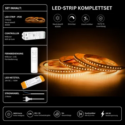 LED Streifen Set High Power Neutralweiß 4000K – SMD LED Streifen 24V, 22 W/m, 3620 lm/m, 5m – SS150 Netzteil, WL5 WiFi Controller & C1 Fernbedienung Weiß