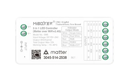 MiBoxer SM5 Matter over WiFi & 2.4G Funk LED Controller – 5-in-1, einfarbig bis RGBCCT, 12-24 V, 12 A