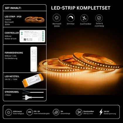 LED Streifen Set High Power Warmweiß 3000K – SMD LED Streifen 24V, 22 W/m, 3270 lm/m, 5m – SS150 Netzteil, SM2 Matter Controller & C1 Fernbedienung Weiß