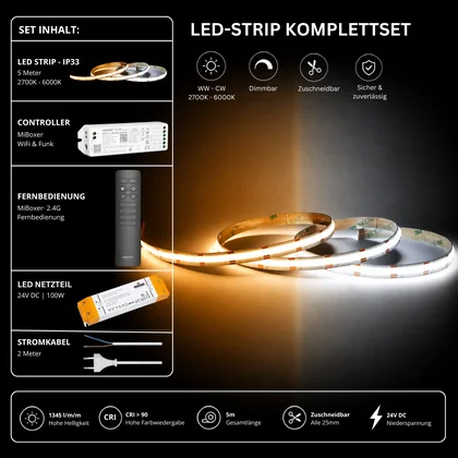 LED Streifen Set CCT IP33 – COB LED Streifen 24V, 16 W/m, 1345 lm/m, 5m, 2700-6000K – SS100 Netzteil, WL5 WiFi Controller & C1 Fernbedienung Schwarz