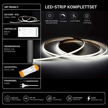 LED Streifen Set Einfarbig COB Schmal – 5 mm COB LED Streifen 24V, punktfrei, 7 W/m, 5m, Kaltweiß 6000K, CRI 90 – SS60 Netzteil, SR2 Funk-Controller & C1 Fernbedienung Schwarz