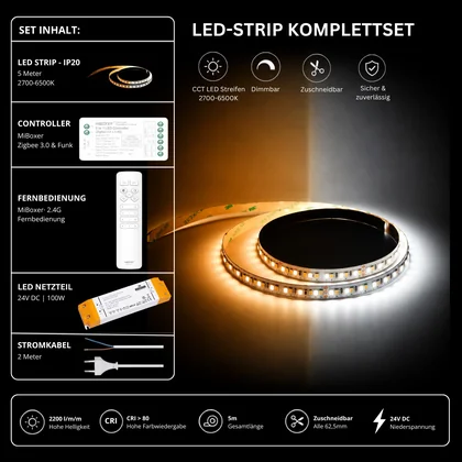 LED Streifen Set CCT IP20 – SMD LED Streifen 24V, 16 W/m, 2200 lm/m, 5m, 2700-6500K – SS100 Netzteil, SZ2 Zigbee 3.0 Controller & C1 Fernbedienung Weiß
