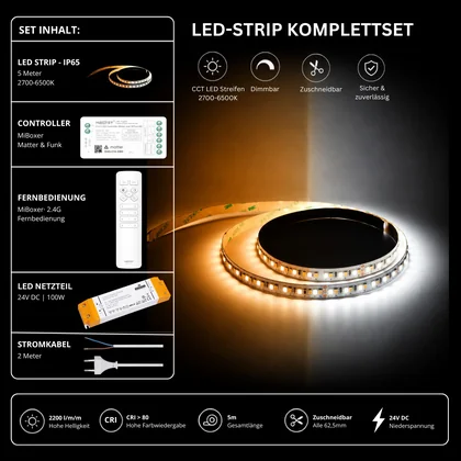 LED Streifen Set CCT IP65 – SMD LED Streifen 24V, 16 W/m, 2200 lm/m, 5m, 2700-6500K – SS100 Netzteil, SM2 Matter Controller & C1 Fernbedienung Weiß