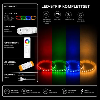 LED Streifen Set RGBW – SMD LED Streifen 24V, 4-in-1, 19,2 W/m, 5m, RGB + Neutralweiß 4200K – SS150 Netzteil, WL5 WiFi Controller & C5 Fernbedienung Weiß