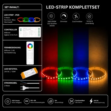 LED Streifen Set RGBW – SMD LED Streifen 24V, 4-in-1, 19,2 W/m, 5m, RGB + Warmweiß 3000K – SS150 Netzteil, SZ5 Zigbee 3.0 Controller & C5 Fernbedienung Weiß