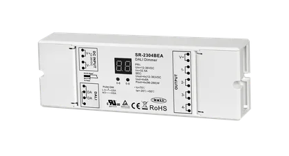 SR-2304BEA DALI-2 LED Controller, 4-Kanal, 12-36V DC, 4×8A, DT6, Push DIM, RGBW / CCT / einfarbig