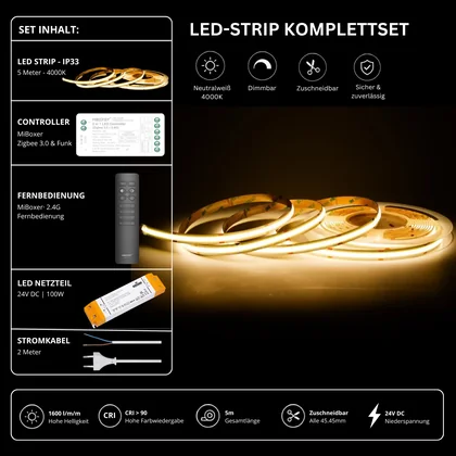 LED Streifen Set Neutralweiß – COB LED Streifen 24V, punktfrei, 14 W/m, 5m, 4000K, CRI 90, IP33 – SS100 Netzteil, SZ2 Zigbee 3.0 Controller & C1 Fernbedienung Schwarz