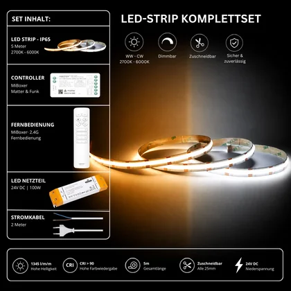LED Streifen Set CCT IP65 – COB LED Streifen 24V, 16 W/m, 1345 lm/m, 5m, 2700-6000K – SS100 Netzteil, SM2 Matter Controller & C1 Fernbedienung Weiß
