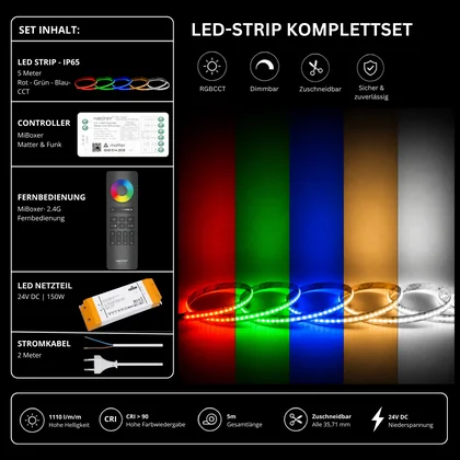 LED Streifen Set RGBCCT IP65 – COB LED Streifen 24V, 21 W/m, 5m, punktfrei – SS150 Netzteil, SM5 Matter Controller & C5 Fernbedienung Schwarz