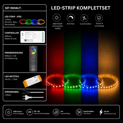 LED Streifen Set RGBW – SMD LED Streifen 24V, 4-in-1, 19,2 W/m, 5m, RGB + Neutralweiß 4200K – SS150 Netzteil, SM5 Matter Controller & C5 Fernbedienung Schwarz