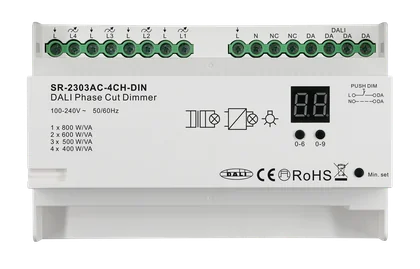 SR-2303AC-4CH-DIN DALI Phasenabschnitt-Dimmer 4-Kanal Hutschiene 100-240V AC 1,8A DALI-2 DT6 mit Push DIM