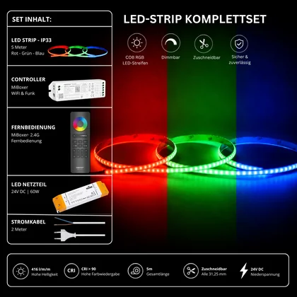 LED Streifen Set RGB Ultraschmal – COB LED Streifen 24V, 5 mm, 10 W/m, 5m, punktfrei – SS60 Netzteil, WL5 WiFi Controller & C5 Fernbedienung Schwarz
