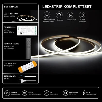 LED Streifen Set Einfarbig COB Schmal – 5 mm COB LED Streifen 24V, punktfrei, 7 W/m, 5m, Kaltweiß 6000K, CRI 90 – SS60 Netzteil, SM2 Matter Controller & C1 Fernbedienung Schwarz