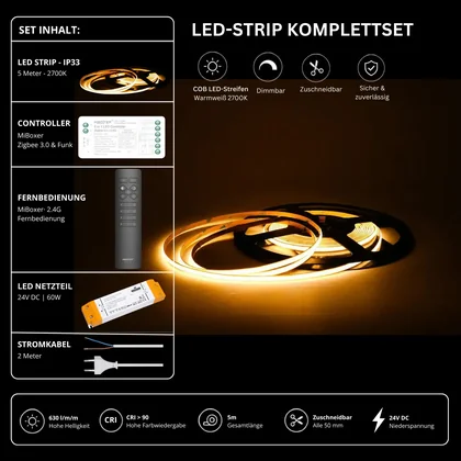 LED Streifen Set Einfarbig COB Schmal – 5 mm COB LED Streifen 24V, punktfrei, 7 W/m, 5m, Warmweiß 2700K, CRI 90 – SS60 Netzteil, SZ2 Zigbee 3.0 Controller & C1 Fernbedienung Schwarz