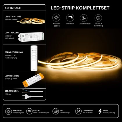 LED Streifen Set Kaltweiß – COB LED Streifen 24V, punktfrei, 14 W/m, 5m, 6000K, CRI 90, IP33 – SS100 Netzteil, WL5 WiFi Controller & C1 Fernbedienung Weiß