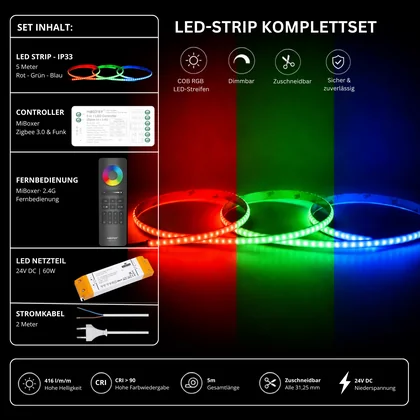 LED Streifen Set RGB Ultraschmal – COB LED Streifen 24V, 5 mm, 10 W/m, 5m, punktfrei – SS60 Netzteil, SZ5 Zigbee 3.0 Controller & C5 Fernbedienung Schwarz
