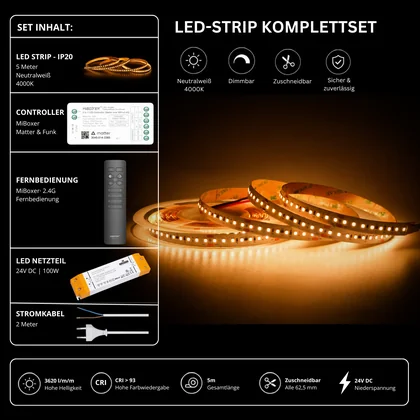 LED Streifen Set High Power Neutralweiß 4000K – SMD LED Streifen 24V, 22 W/m, 3620 lm/m, 5m – SS150 Netzteil, SM2 Matter Controller & C1 Fernbedienung Schwarz