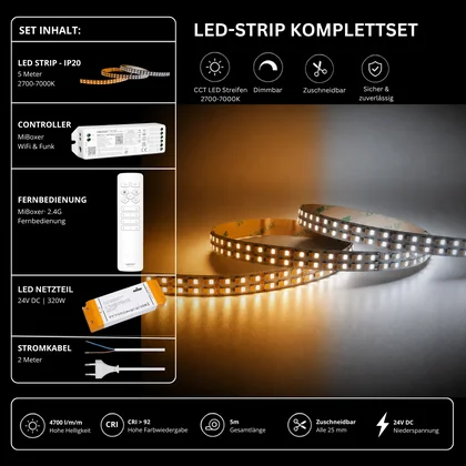 LED Streifen Set CCT High Power – 12 mm CCT LED Streifen 24V, 40 W/m, 4700 lm/m, 5m, 2700K-7000K, CRI 92 – SNP-320 Netzteil, WL5 WiFi Controller & C1 Fernbedienung Weiß