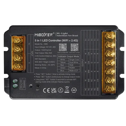MiBoxer HW5 WiFi & 2.4G Funk LED Controller – 5-in-1, einfarbig bis RGBCCT, 12-48 V, 30 A, Push-Dim