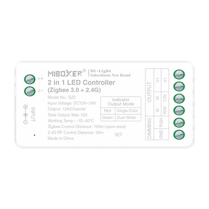 MiBoxer SZ2 Zigbee 3.0 & 2.4G Funk LED Controller – 2-in-1, einfarbig & CCT, 12-24 V, 12 A, Push-Dim