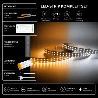 LED Streifen Set CCT High Power – 12 mm CCT LED Streifen 24V, 40 W/m, 4700 lm/m, 5m, 2700K-7000K, CRI 92 – SNP-320 Netzteil, SR2 Funk-Controller & C1 Fernbedienung Schwarz