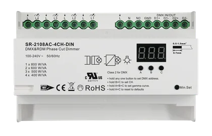SR-2108AC-4CH-DIN DMX512 Triac-Dimmer 4-Kanal Phasenabschnitt 230V Hutschiene