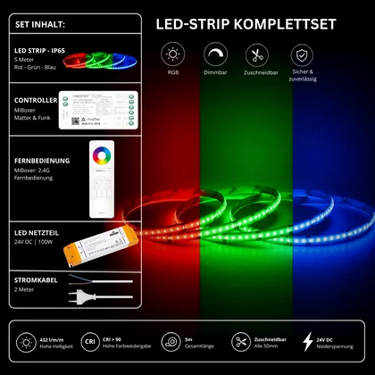 LED Streifen Set RGB IP65 – COB LED Streifen 24V, 14 W/m, 5m, punktfrei – SS100 Netzteil, SM5 Matter Controller & C5 Fernbedienung Weiß