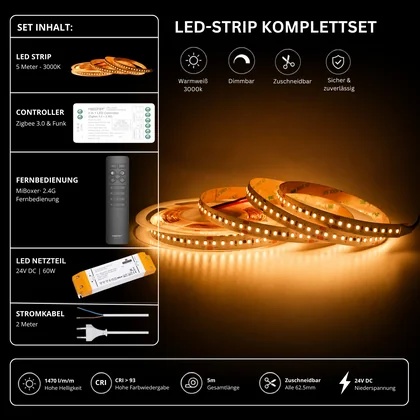 LED Streifen Set Warmweiß 3000K – SMD LED Streifen 24V, 9 W/m, 1500 lm/m, 5m – SS60 Netzteil, SZ2 Zigbee 3.0 Controller & C1 Fernbedienung Schwarz