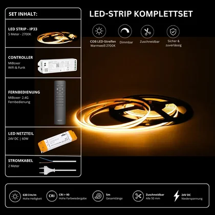 LED Streifen Set Einfarbig COB Schmal – 5 mm COB LED Streifen 24V, punktfrei, 7 W/m, 5m, Warmweiß 2700K, CRI 90 – SS60 Netzteil, WL5 WiFi Controller & C1 Fernbedienung Schwarz