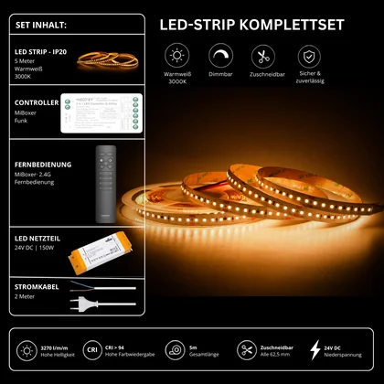 LED Streifen Set High Power Warmweiß 3000K – SMD LED Streifen 24V, 22 W/m, 3270 lm/m, 5m – SS150 Netzteil, SR2 Funk-Controller & C1 Fernbedienung Schwarz