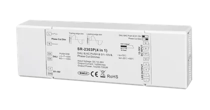 SR-2303P 4-in-1 LED Dimmer, 1-Kanal, 12-48V DC, 20A, DALI DT6, Push DIM, Phasenschnitt & 0/1-10V