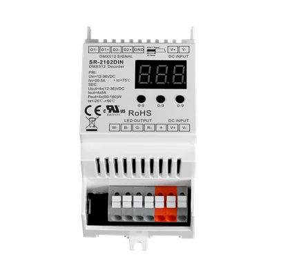 SR-2102DIN DMX512 & RDM Hutschienen Decoder 4-Kanal 5A pro Kanal 12-48V DC für RGBW LED Streifen