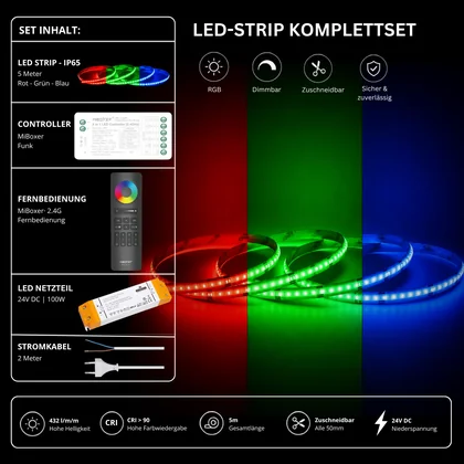 LED Streifen Set RGB IP65 – COB LED Streifen 24V, 14 W/m, 5m, punktfrei – SS100 Netzteil, SR5 Funk-Controller & C5 Fernbedienung Schwarz