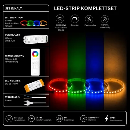 LED Streifen Set RGBW – SMD LED Streifen 24V, 4-in-1, 19,2 W/m, 5m, RGB + Kaltweiß 6500K – SS150 Netzteil, WL5 WiFi Controller & C5 Fernbedienung Weiß