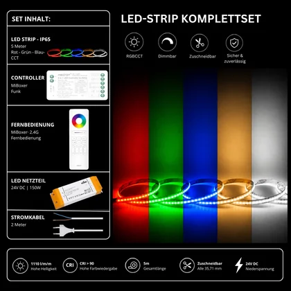 LED Streifen Set RGBCCT IP65 – COB LED Streifen 24V, 21 W/m, 5m, punktfrei – SS150 Netzteil, SR5 Funk-Controller & C5 Fernbedienung Weiß