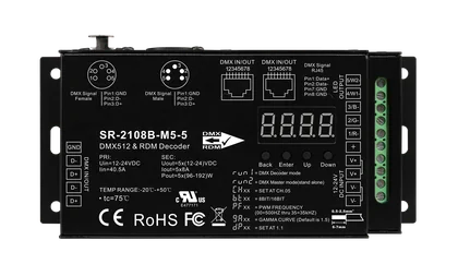SR-2108B-M5-3 DMX512 & RDM Decoder 5-Kanal 8A 12-24V DC Metallgehäuse XLR RJ45 für RGBW LED Streifen