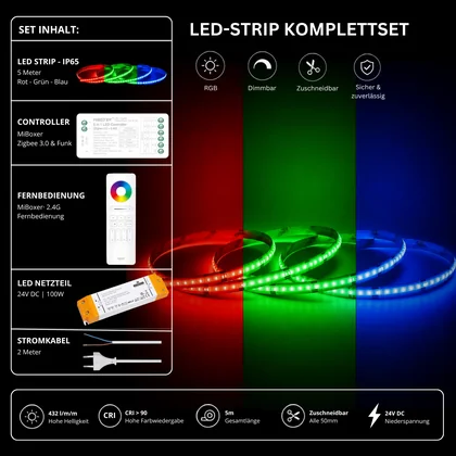 LED Streifen Set RGB IP65 – COB LED Streifen 24V, 14 W/m, 5m, punktfrei – SS100 Netzteil, SZ5 Zigbee 3.0 Controller & C5 Fernbedienung Weiß
