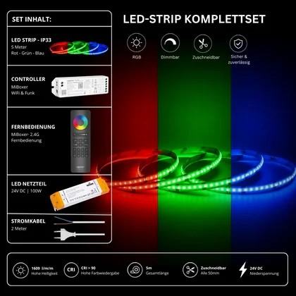 LED Streifen Set RGB IP33 – COB LED Streifen 24V, 14 W/m, 5m, punktfrei – SS100 Netzteil, WL5 WiFi Controller & C5 Fernbedienung Schwarz